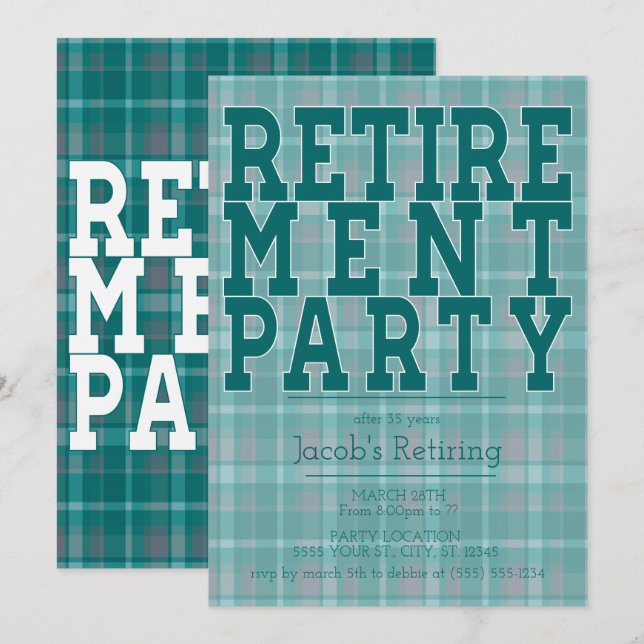 Sporty Green Plaid Retirement Party Invitations (Front/Back)
