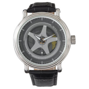 Sporty Grey Car Wheel Rim and Brake Caliper Watch