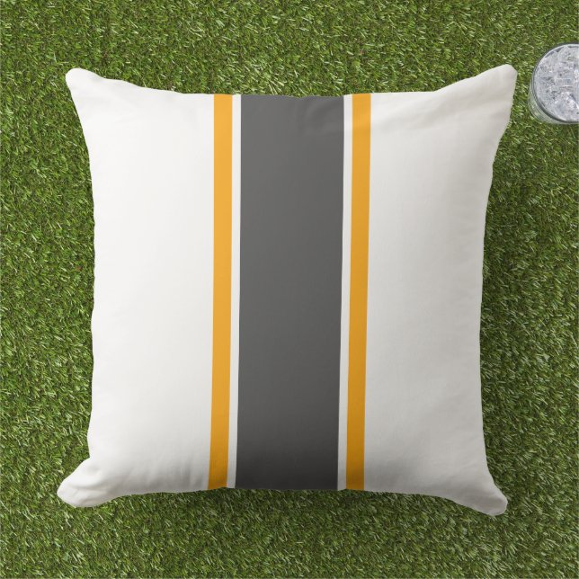 Sporty Grey Yellow Centre Racing Stripes On White Cushion (Grass)
