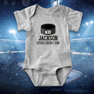 Sporty Hockey Puck Custom Baby Name, Number, Team Bodysuit