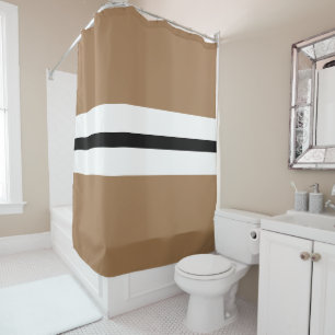 Sporty Mocha Brown Black White Racing Stripes Shower Curtain