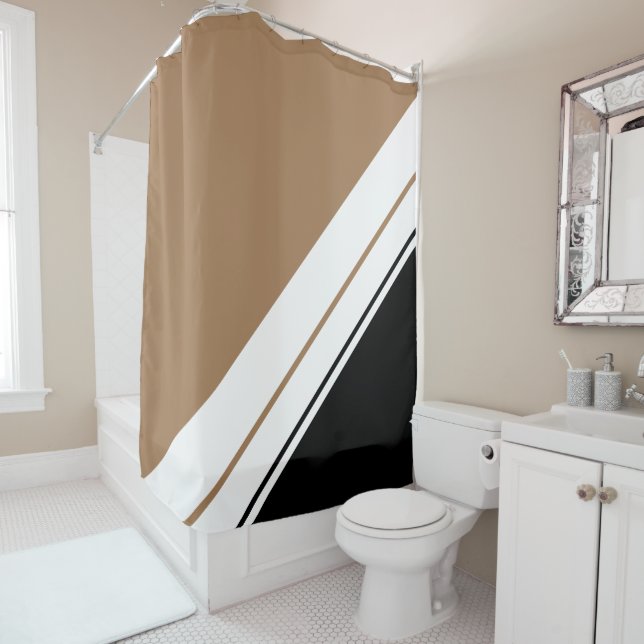Sporty Mocha Sleek Black White Racing Stripes Shower Curtain (In Situ)