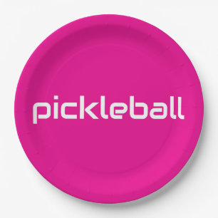 Sporty Modern Bright Pink White PICKLEBALL Text Paper Plate