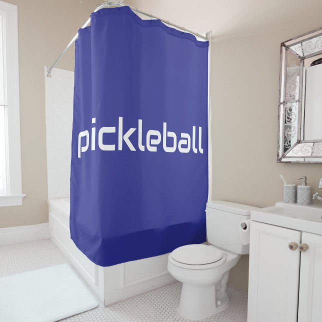 Sporty Modern White PICKLEBALL Text On Deep Blue Shower Curtain (In Situ)