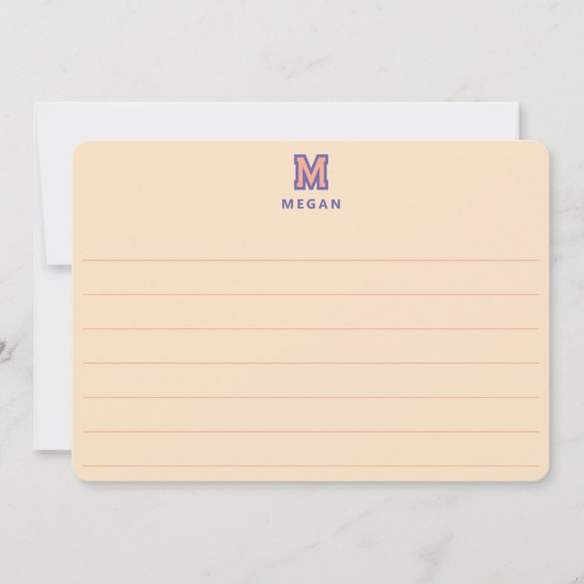 Sporty Monogram, Orange Lined Large Flat Card (Front)