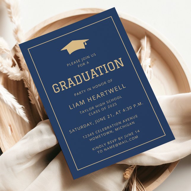 Sporty Navy Blue Gold Graduation Party Invitation (Creator Uploaded)