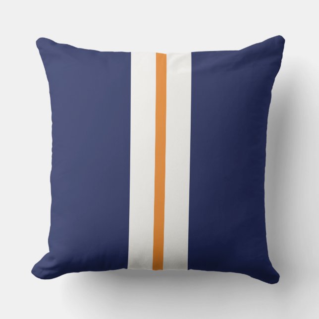 Sporty Navy Blue Slim Orange White Racing Stripes  Cushion (Front)