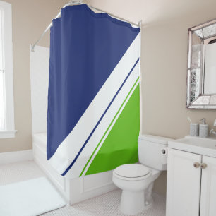 Sporty Navy Bright Lime Wide White Racing Stripes Shower Curtain