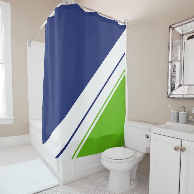 Sporty Navy Bright Lime Wide White Racing Stripes Shower Curtain (In Situ)