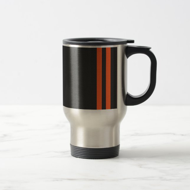 Sporty Orange Stripes on Carbon Fiber Like Print Travel Mug (Right)