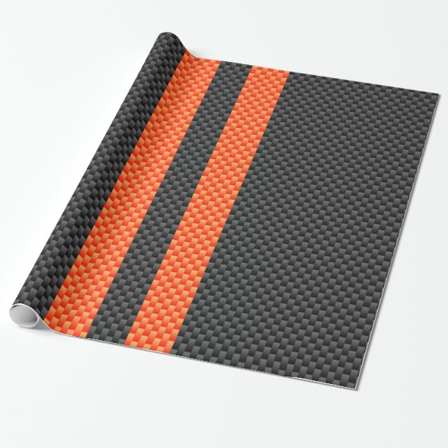 Sporty Orange Stripes on Carbon Fibre Like Print Wrapping Paper (Unrolled)