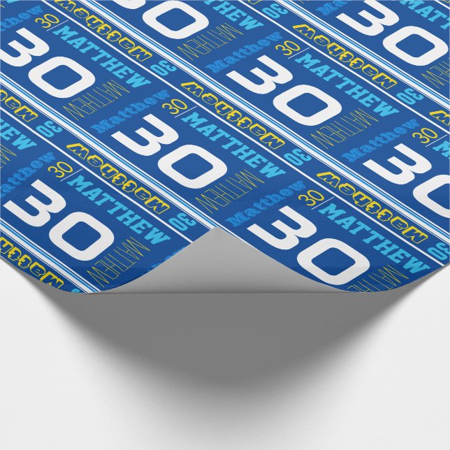 Sporty personalised name age blue birthday wrap wrapping paper (Corner)