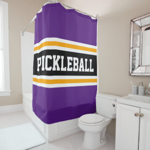 Sporty PICKLEBALL Bold Purple Black Racing Stripes Shower Curtain