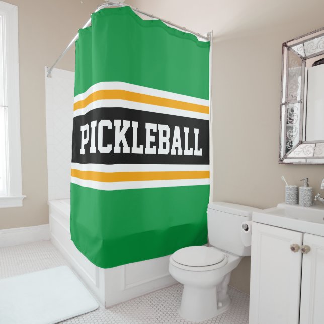 Sporty PICKLEBALL Fun Green Black Racing Stripes Shower Curtain (In Situ)