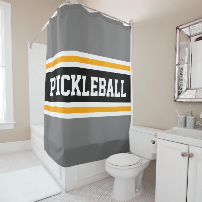 Sporty PICKLEBALL Fun Grey Black Racing Stripes Shower Curtain (In Situ)