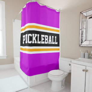 Sporty PICKLEBALL Fun Pink Black Racing Stripes Shower Curtain
