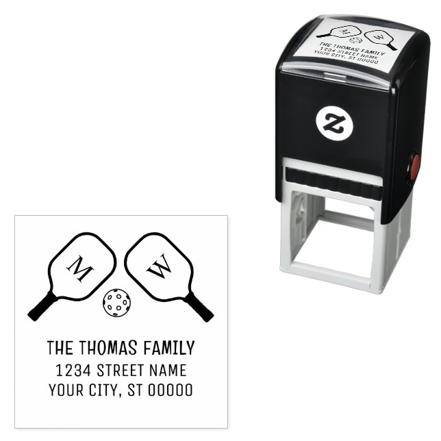 Sporty Pickleball Paddles and Ball Name Address Self-inking Stamp (In Situ)