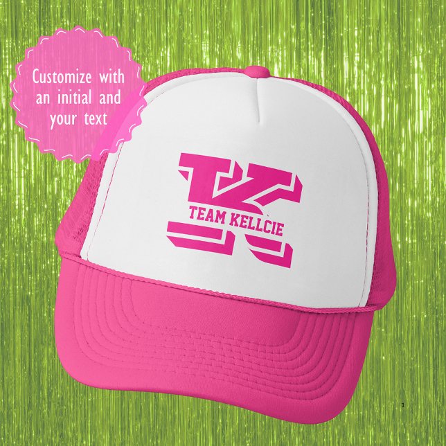Sporty Pink Monogram Initial Team Bachelorette Trucker Hat (Sporty hot pink monogram hat for the bride and her team. Customize the initial and the text)