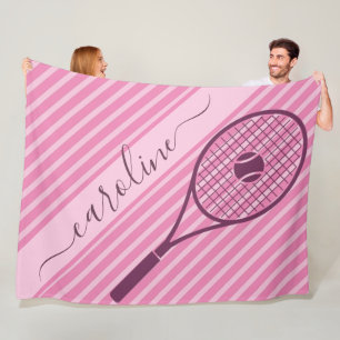 Sporty Pink Striped Tennis Racket & Ball Name Cute Fleece Blanket