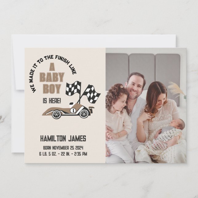 Sporty Race Car Baby Boy Birth Announcement (Front)