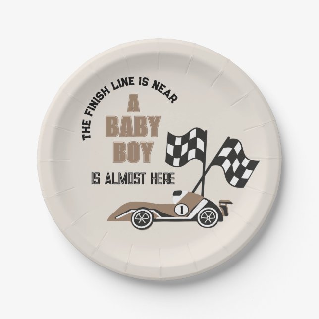 Sporty Race Car Boy Baby Shower Paper Plate (Front)