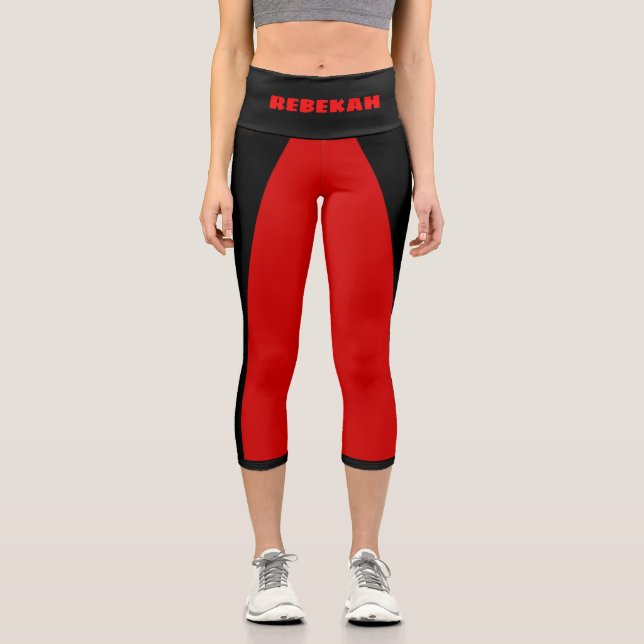 Sporty Red and Black Stripe Name Template Capri Leggings (Front)