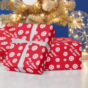 Sporty red and white pickleball Christmas Holiday Wrapping Paper
