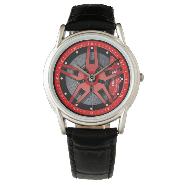 Sporty Red Wheels Rims Racing Design Watch (Front)