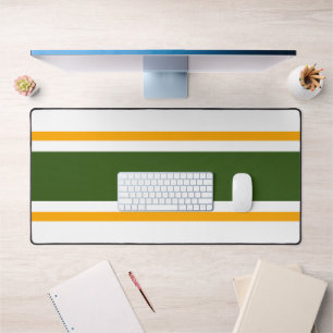 Sporty Retro Green Yellow Racing Stripes On White Desk Mat