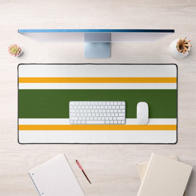 Sporty Retro Green Yellow Racing Stripes On White Desk Mat (Office 1)