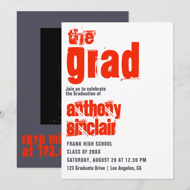 Sporty Scarlet and Grey Typography Grad Photo Invitation (Front/Back)