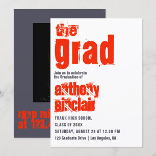 Sporty Scarlet and Grey Typography Grad Photo Invitation