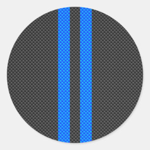 Sporty Sky Blue Carbon Fibre Style Racing Stripes Classic Round Sticker