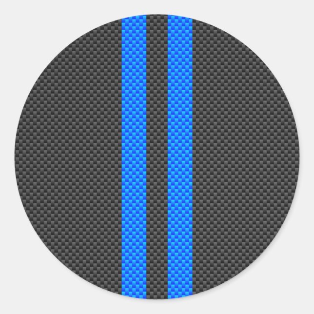 Sporty Sky Blue Carbon Fibre Style Racing Stripes Classic Round Sticker (Front)