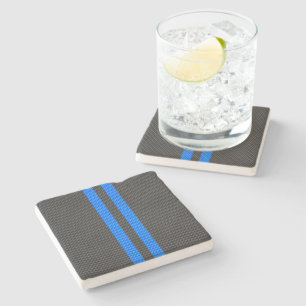 Sporty Sky Blue Carbon Fibre Style Racing Stripes Stone Coaster