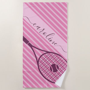 Sporty Striped Pink Tennis Racket Ball Girl's Name Beach Towel