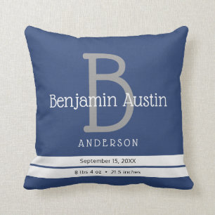 Sporty Stripes   Monogram Newborn Boy Birth Stats Cushion