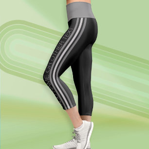 Sporty Stripes with Modern Text - Grey Black Capri Leggings