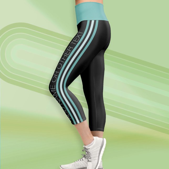 Sporty Stripes with Modern Text - Teal Green Black Capri Leggings (Custom Leggings)