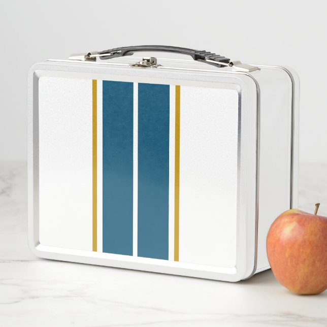 Sporty Twin Ocean Blue Racing Stripes On White Metal Lunch Box (In Situ)