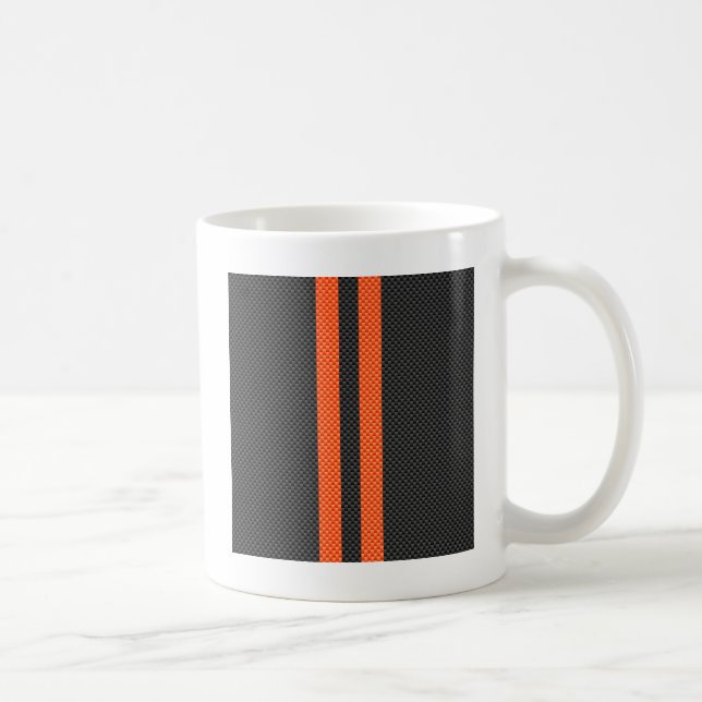 Sporty Vibrant Orange Stripes Carbon Fibre Style Coffee Mug (Right)