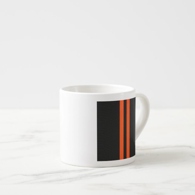 Sporty Vibrant Orange Stripes Carbon Fibre Style Espresso Cup (Front Right)