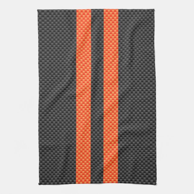 Sporty Vibrant Orange Stripes Carbon Fibre Style Tea Towel (Vertical)
