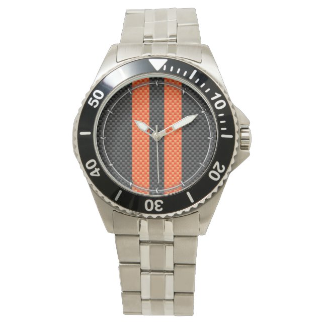 Sporty Vibrant Orange Stripes Carbon Fibre Style Watch (Front)