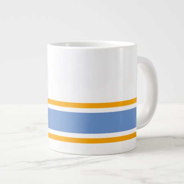 Sporty White Light Blue Yellow Racing Stripes Rim Large Coffee Mug (Front Right)