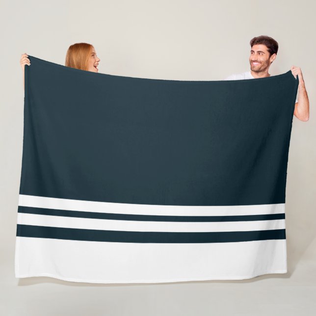 Sporty White Racing Stripes On Ocean Teal Blue Fleece Blanket (In Situ)