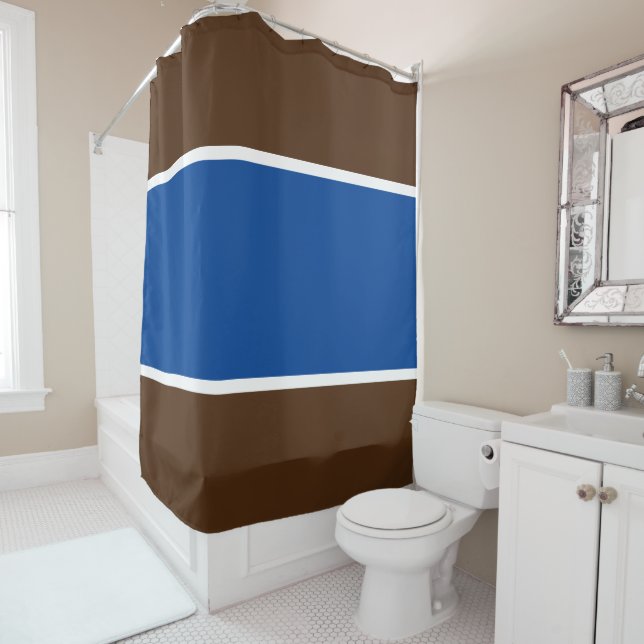 Sporty Wide Deep Blue White Athletic Brown Stripes Shower Curtain (In Situ)