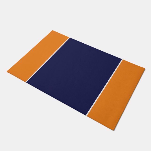 Sporty Wide Navy Blue White Stripes On Orange Doormat (Angled)