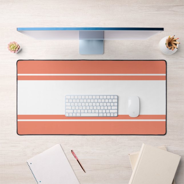 Sporty Wide White Salmon Pink Edge Racing Stripes Desk Mat (Office 1)