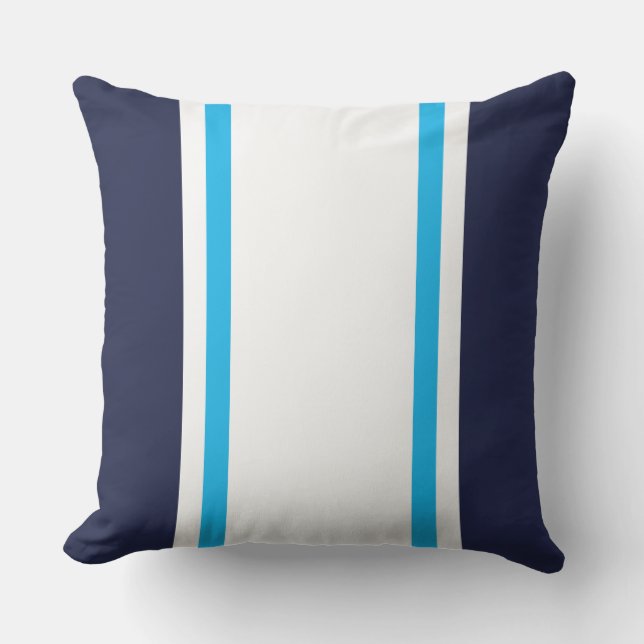 Sporty Wide White Sky Blue Racing Stripes On Navy Cushion (Front)